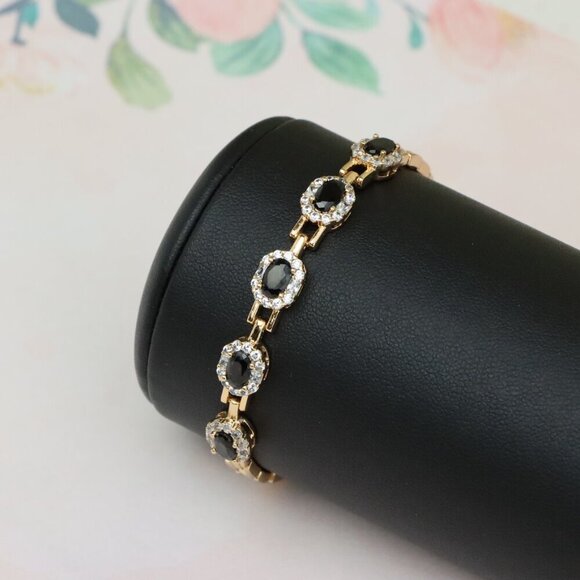 "Elegant Rose Gold Oval Black Stone Bracelet with Crystal Halos, XPBL0736 - Picture 10 of 12